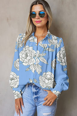 PARTIQ - Sky Blue Floral Print Button Up Pleated Detail Puff Sleeve Shirt