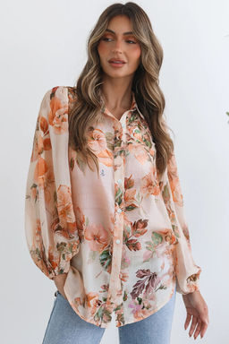 PARTIQ - Orange Floral Puff Sleeve Lightweight Shirt