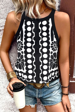 PARTIQ - Black Abstract Dot Flower Print Tank Top