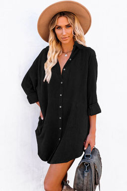 PARTIQ - Black Corduroy Shirt Style Full Button Long Sleeve Shift Mini Dress