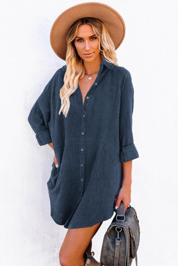 PARTIQ - Blue Corduroy Shirt Style Full Button Long Sleeve Shift Mini Dress