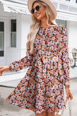 PARTIQ - Multi-Color Floral Print Full Sleeve Pleated Detail Bleted Mini Dress