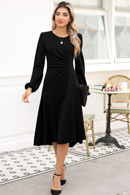 PARTIQ - Black Solid Ruched Detail Long Sleeve Midi Dress
