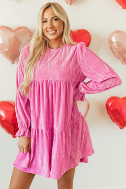 PARTIQ - Strawberry Pink Flounce Sleeve Tiered Ruffled Velvet Mini Dress