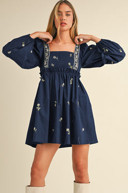 PARTIQ - Blue Floral Embroidered Square Neck Puff Sleeve Ruffled Mini Dress