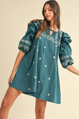 PARTIQ - Green Skobeloff Boho Floral Ruffle Puff Sleeve Lace-up V Neck Mini Dress