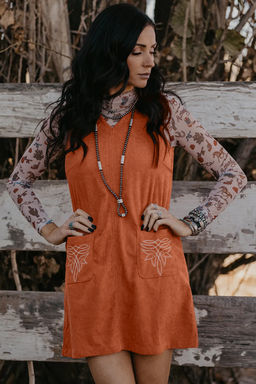 PARTIQ - Gold Flame Corduroy Western Embroidered Patched Pocket Shift Sleeveless Mini Dress