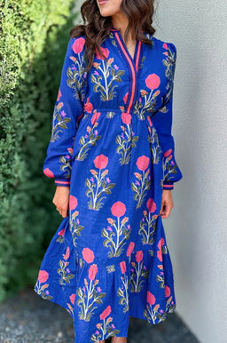 PARTIQ - Blue Floral Print Striped Trim Split Neck Long Sleeve Ruffle Hem Midi Dress