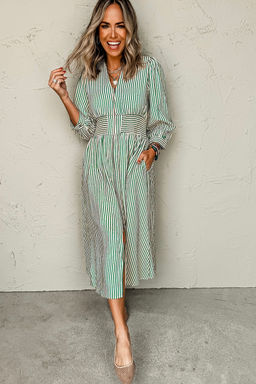 PARTIQ - Green Stripe V Neck Zip Front Cinched High Waist Midi Dress