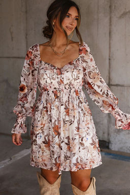 PARTIQ - White Floral Print Sweetheart Neck Long Sleeve High Waist Mini Dress