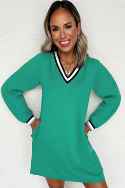 PARTIQ - Mint Green Varsity Contrast Striped V Neck Long Sleeve T Shirt Dress with Pockets