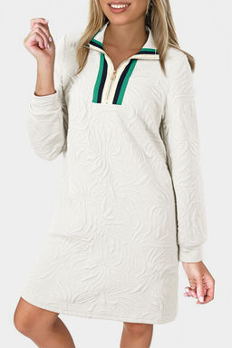 PARTIQ - White Jacquard Textured Quarter Zipper Shift Mini Dress