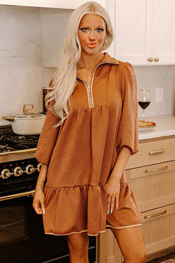 PARTIQ - Desert Brown Quarter Zip Collar Bracelet Sleeve Textured Mini Dress