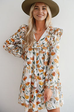 PARTIQ - Yellow Floral Print Tie Neck Frilled Detail Long Sleeve Mini Dress