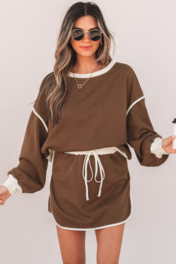 PARTIQ - Coffee Color Contrast Loose Pullover and Lace-up Waist Skort Set
