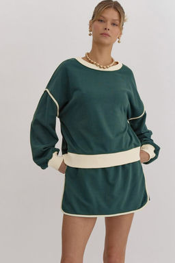 PARTIQ - Evergreen Color Contrast Loose Pullover and Lace-up Waist Skort Set
