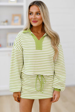PARTIQ - Green Stripe Collared V Neck Drop Shoulder Pullover and Skort 2pcs Outfit