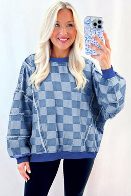 PARTIQ - Sky Blue Checkerboard Splicing Raw Detail Oversized Denim Pullover