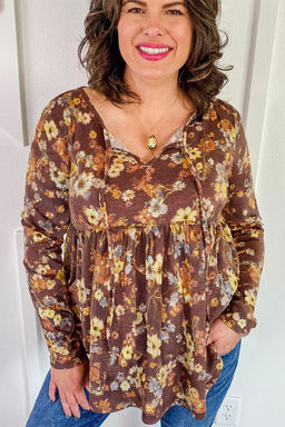 PARTIQ - Brown Floral Textured Tied Neck Long Sleeve Plus Size Babydoll Blouse