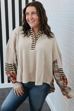 PARTIQ - Beige Plaid Patchwork Half Button Pullover