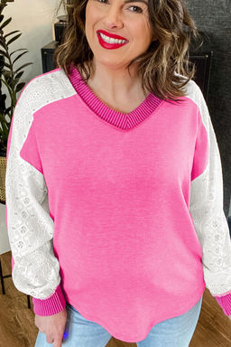 PARTIQ - Pink Bonbon Long Sleeve Corded V Neck Plus Size Top