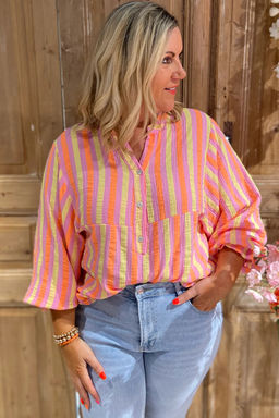 PARTIQ - Pink Stripe Crinkled Half Buttons V Neck Plus Size Blouse