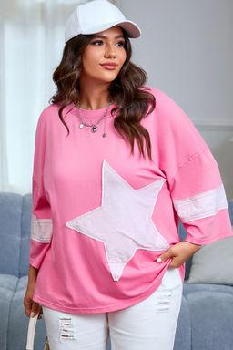 PARTIQ - Pink Star Patched Colorblock Raw Edge Bracelet Sleeve Plus Size Loose Tee