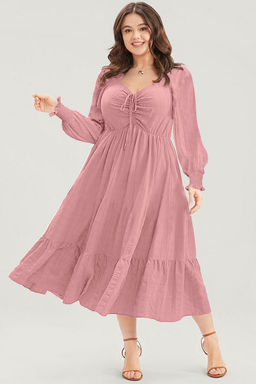 PARTIQ - Pink Lace-Up Ruched Front Long Sleeve Ruffle Hem Plus Size Midi Dress