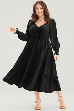 PARTIQ - Black Lace-Up Ruched Front Long Sleeve Ruffle Hem Plus Size Midi Dress