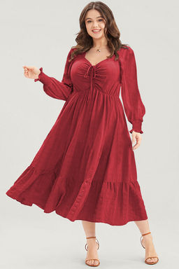 PARTIQ - Red Lace-Up Ruched Front Long Sleeve Ruffle Hem Plus Size Midi Dress