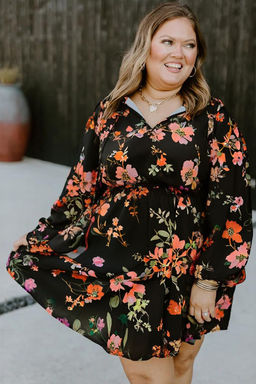 PARTIQ - Black Plus Size Floral Print Tie Neck Cinched Waist Long Sleeve Mini Dress
