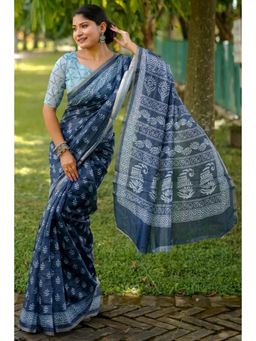 SGF11 - Dark Blue Women Cotton Linen Silk Saree with Unstitched Blouse