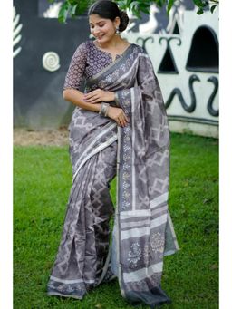 SGF11 - Grey Women Cotton Linen Silk Saree with Unstitched Blouse