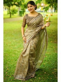 SGF11 - Mehendi Green Women Cotton Linen Silk Saree with Unstitched Blouse