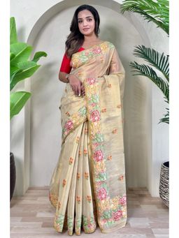 SGF11 - Cream Women Kanjivaram Tissue Pure Soft Silk Saree with Unstitched Blouse