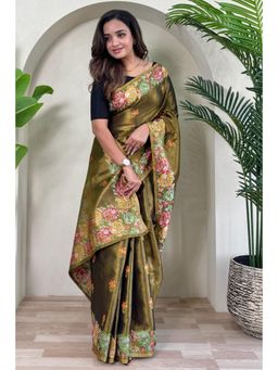 SGF11 - Mehendi Green Women Kanjivaram Saree with Unstitched Blouse