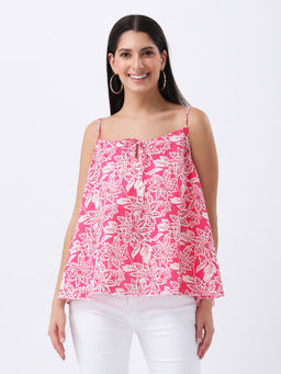 Qurvii - Pink Floral Print Spaghetti Top