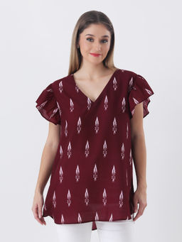 Qurvii - Printed Cotton V-Neck with Short Frill Sleeve Top