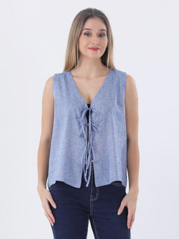 Qurvii - Denim Blue Linen Vest Top