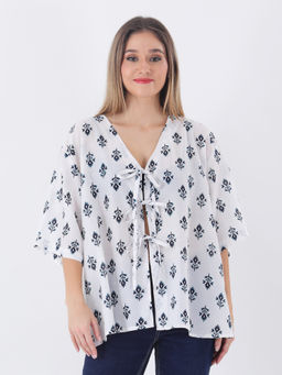 Qurvii - Cotton Floral White Loose Fit Bow Top