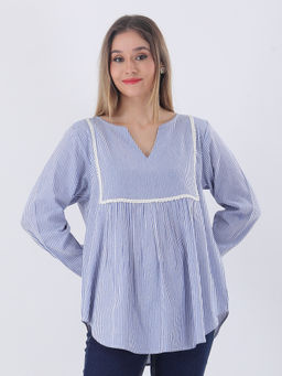 Qurvii - Cotton Striped Blue Empire with Lace Detailing Top