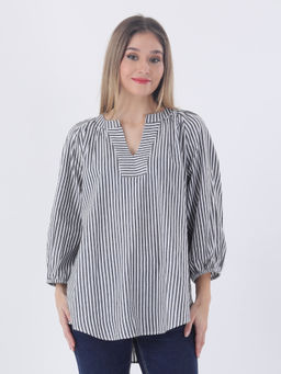Qurvii - Cotton Black Striped Mandarin Neckline Top