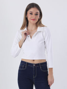 Qurvii - White Lycra Collared Neck Crop Top
