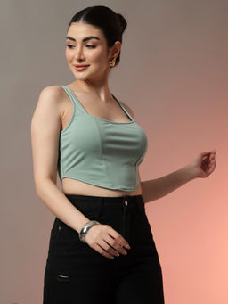 Trend Arrest - Corset Style Green Sleeveless Fitted Crop Top