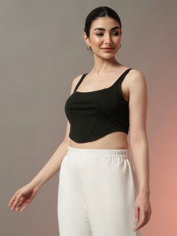 Trend Arrest - Solid Bottle Green Corset Style Fitted Crop Top