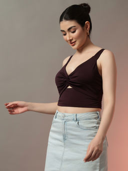 Trend Arrest - Solid Wine Knot Front Crop Top