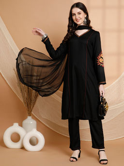 Nayam by lakshita - Solid Embroidered Straight Rayon Kurta with Trouser and Dupatta (Set of 3)