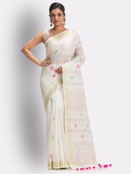 Angoshobha - Off White Cotton Blended Handloom Jamdani Saree with Unstitched Blouse