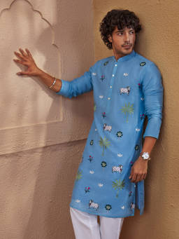 Vastramay - Aqua Embroidered Chanderi Silk Regular Fit Kurta