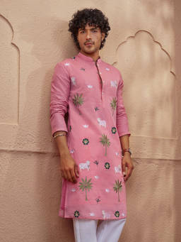 Vastramay - Pink Embroidered Chanderi Silk Regular Fit Kurta
